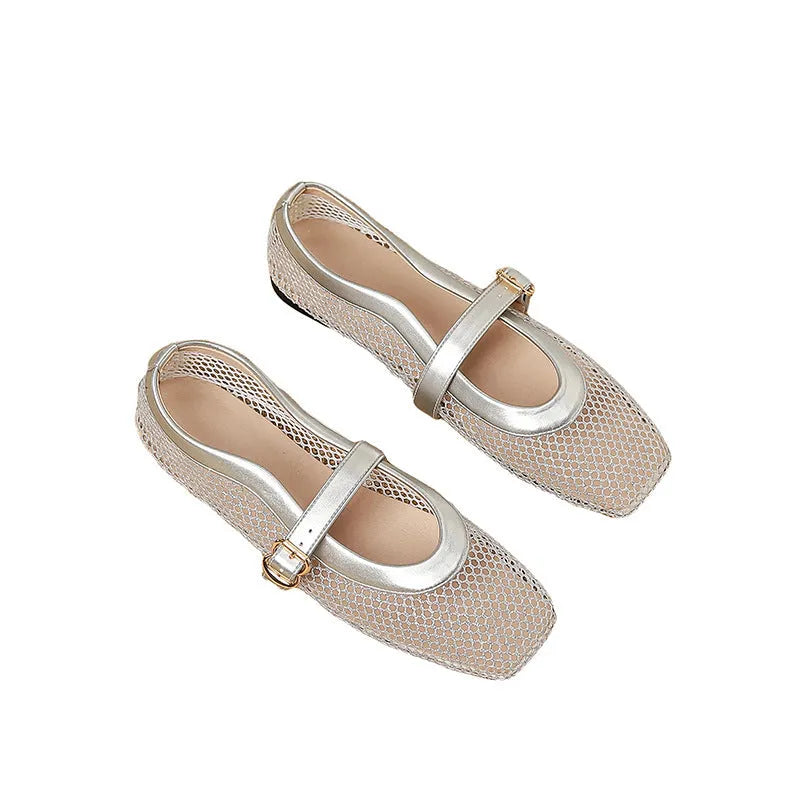 Women's beige mesh hollow out pumps with a square toe and buckle fastening on a flat beef tendon sole.