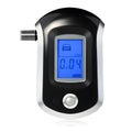 Black handheld portable alcohol breathalyser tester with digital screen and mouthpiece.