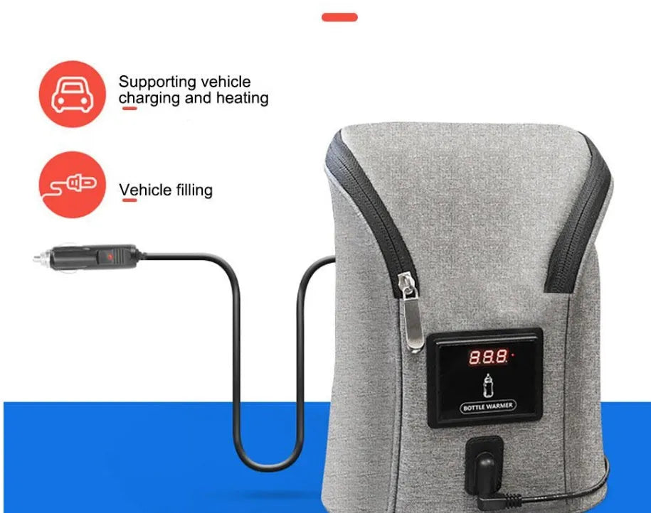 Grey Oxford cloth portable baby bottle warmer with car charger and temperature display