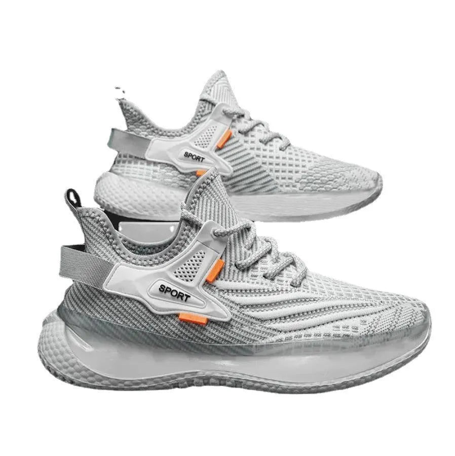Men's white lace-up platform sneakers with mesh upper and flat rubber sole.