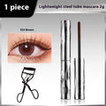 Waterproof steel tube mascara with black or brown shades and optional eyelash curler