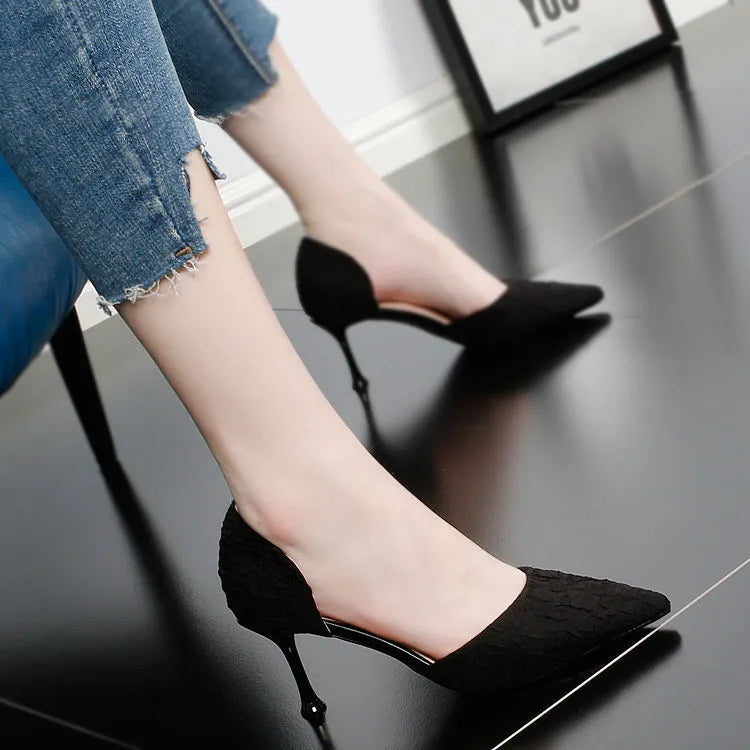 Women's black pointed stiletto high heels with 6-8cm heel and PU leather upper