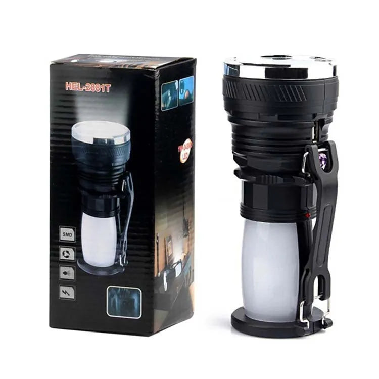 Black solar-powered LED flashlight with USB charging port shown on a textured background.