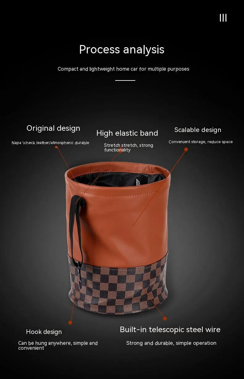 Brown retractable leather car trash can showing expanded and folded positions