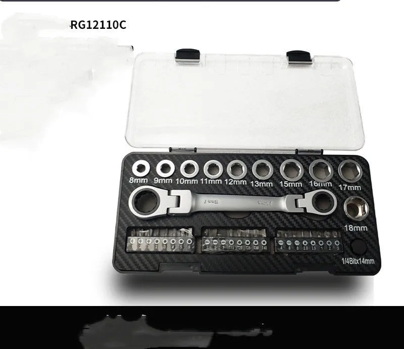 Dual-purpose ratchet wrench set with two-way mechanism, 10 sockets and 3 bit heads arranged on work surface