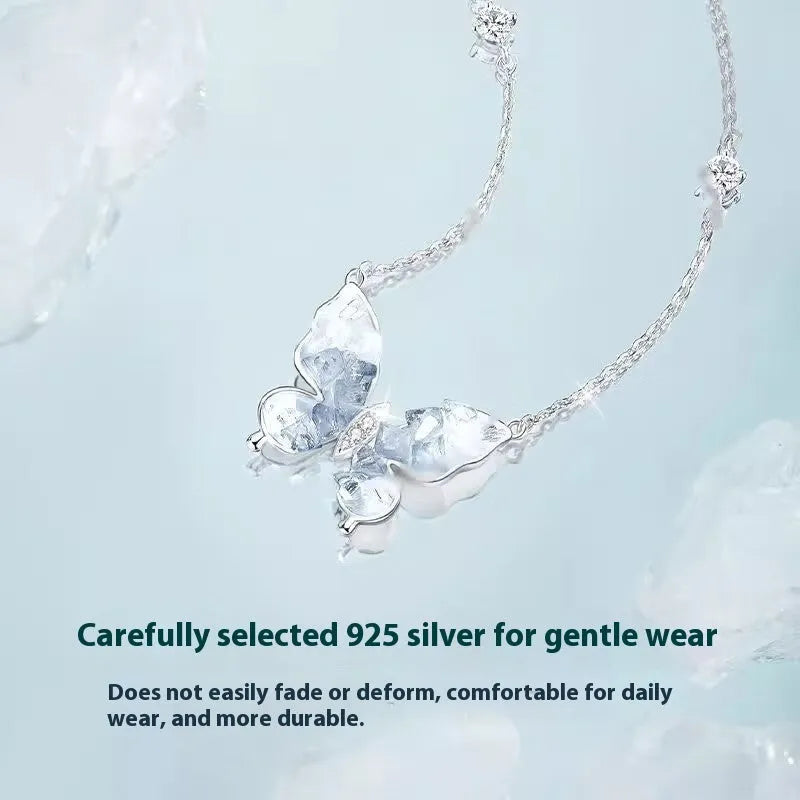 Women's S925 silver necklace with ice rain butterfly pendant on adjustable chain