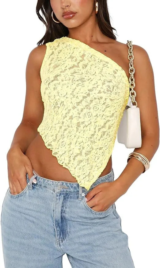 Womans lace backless vest top with asymmetrical sloped neckline in solid colour.