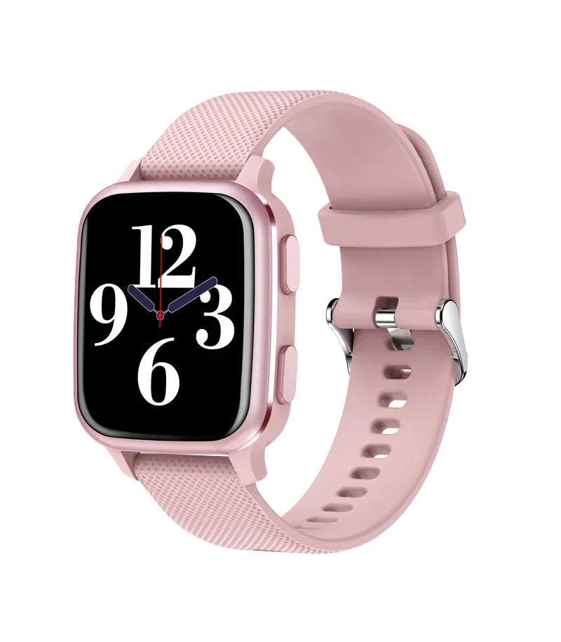 Smart bracelet fitness watch with Bluetooth call function on wrist, shown in black, blue, green, and pink colour options.