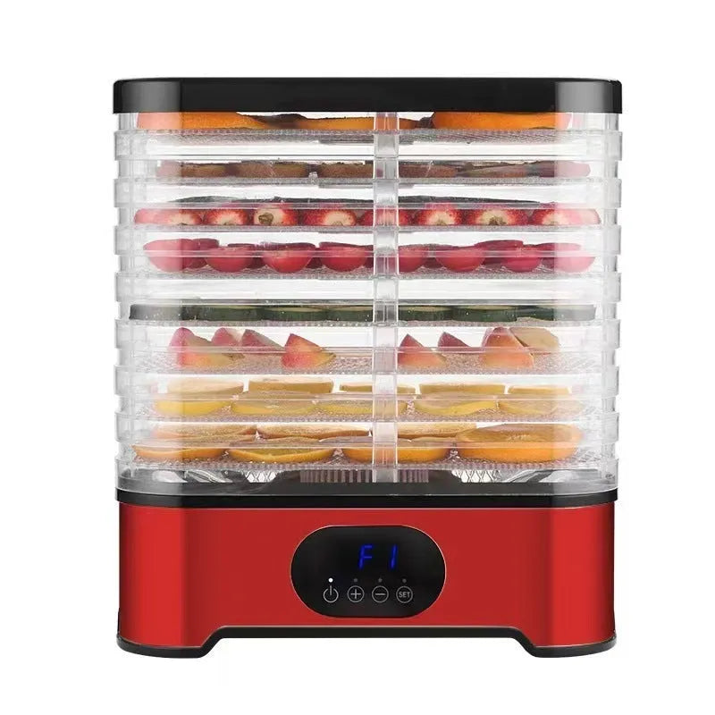 Silver and red household food dehydrator with 8 expandable drying trays.