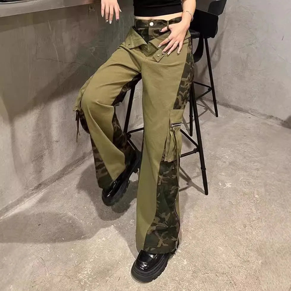 Dark khaki women's jeans with leopard print tooling style and straight leg high waist design