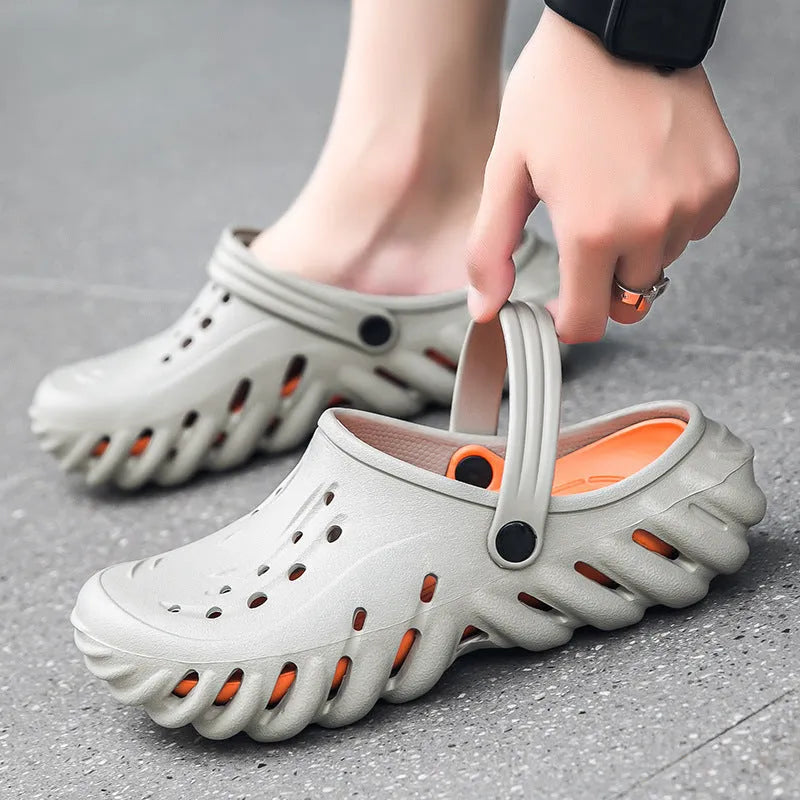 Men's beige EVA outdoor sandals with hollow out breathable design and non-slip sole