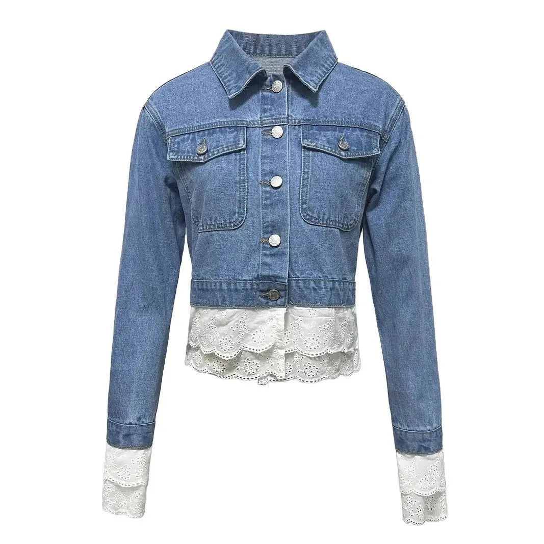 Blue women's denim jacket with lace stitching detail on the front.