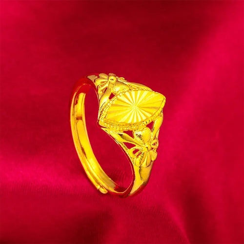 Gold electroplated open geometric flower ring with textured brass construction