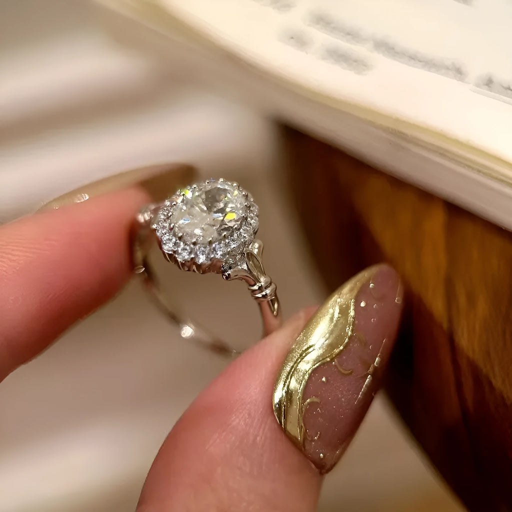 Silver geometric ring with diamond-shaped bridal bouquet pattern and adjustable opening
