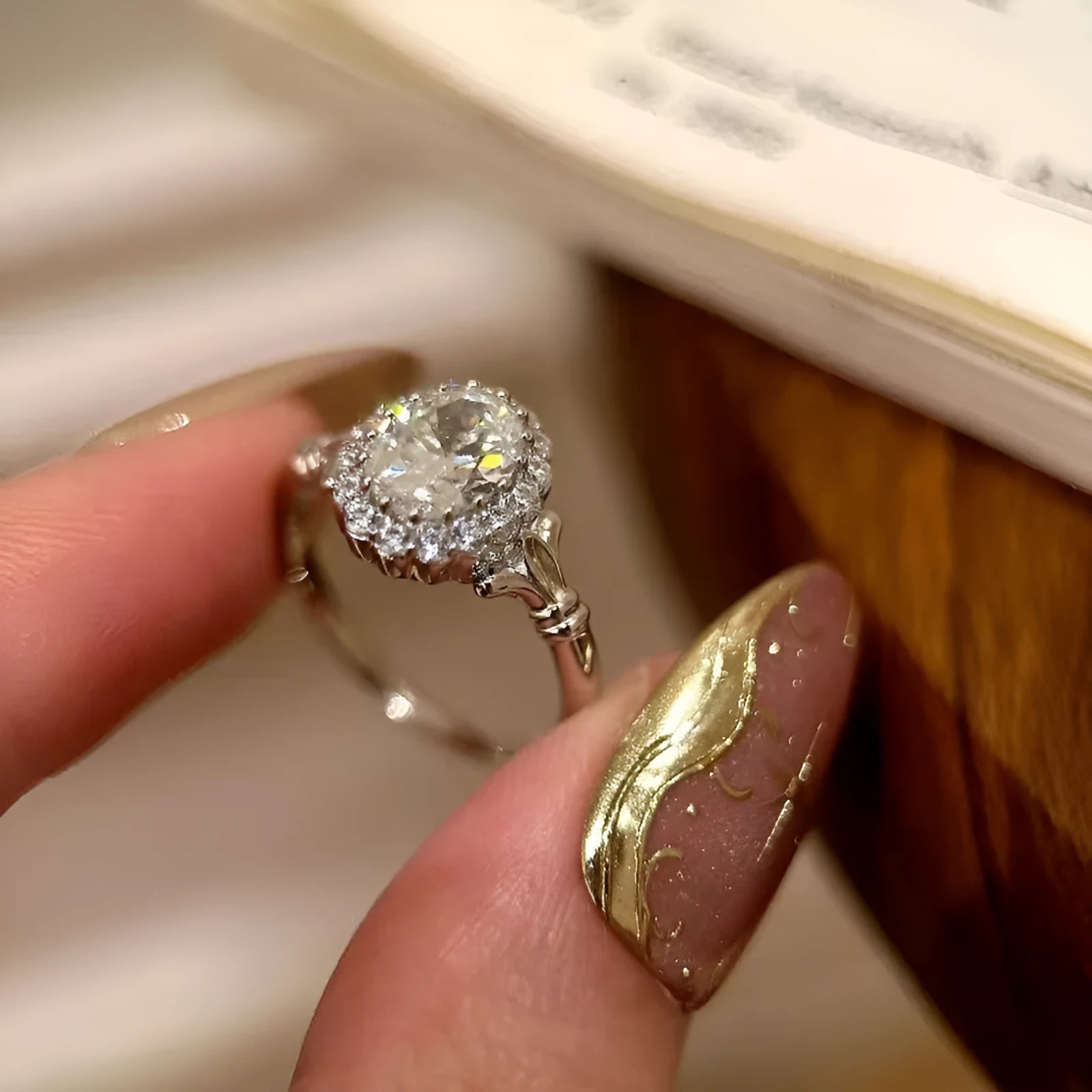 Silver geometric ring with diamond-shaped bridal bouquet pattern and adjustable opening