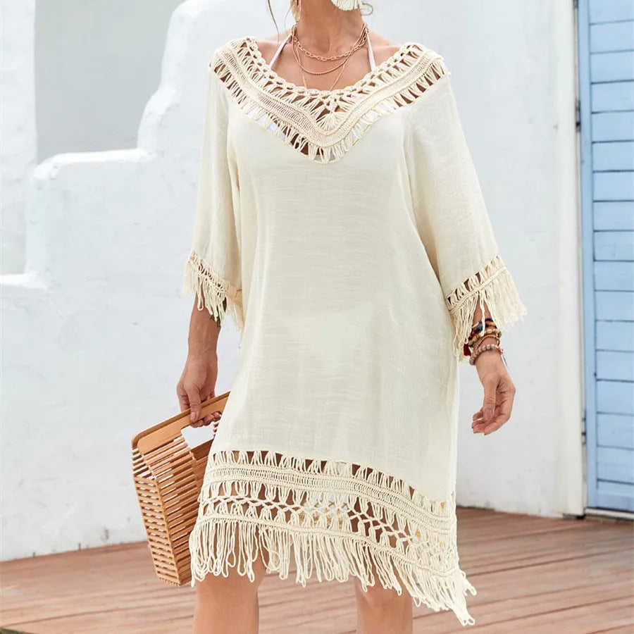 Apricot crocheted knitted patchwork beach dress with half sleeves and mid-length skirt