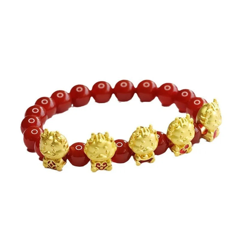 Red agate Five Blessing Dragon bracelet with 8mm beads, Chinese style.