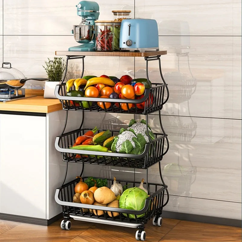 Black six-layer floor-standing kitchen storage trolley with foldable carbon steel frame