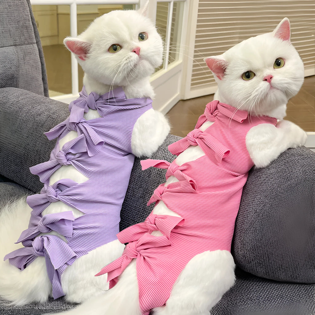Lace-up polyester cat sterilisation recovery clothing in pink, purple, blue, brown and green pineapple colours