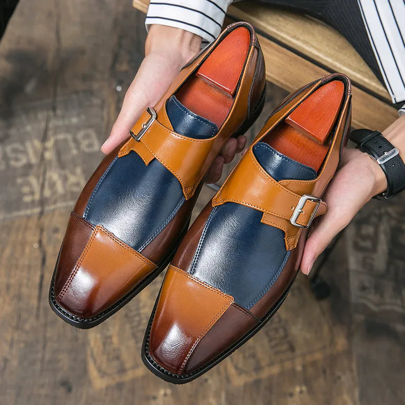 Men's brown blue retro buckle casual shoes with tall crown upper microfiber construction