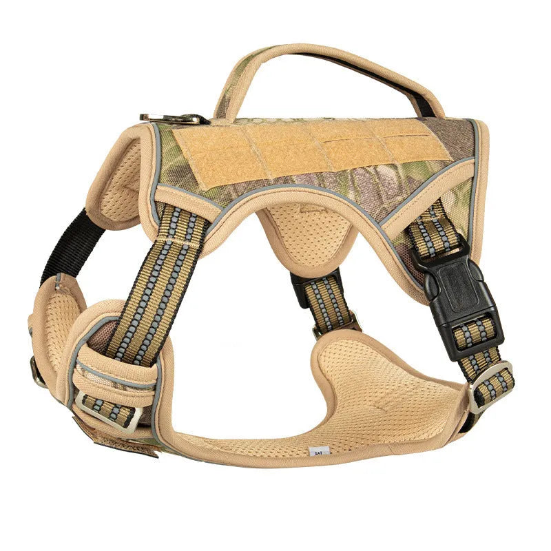 Tactical dog chest strap in oxford cloth, shown in olive green colour on a working dog.