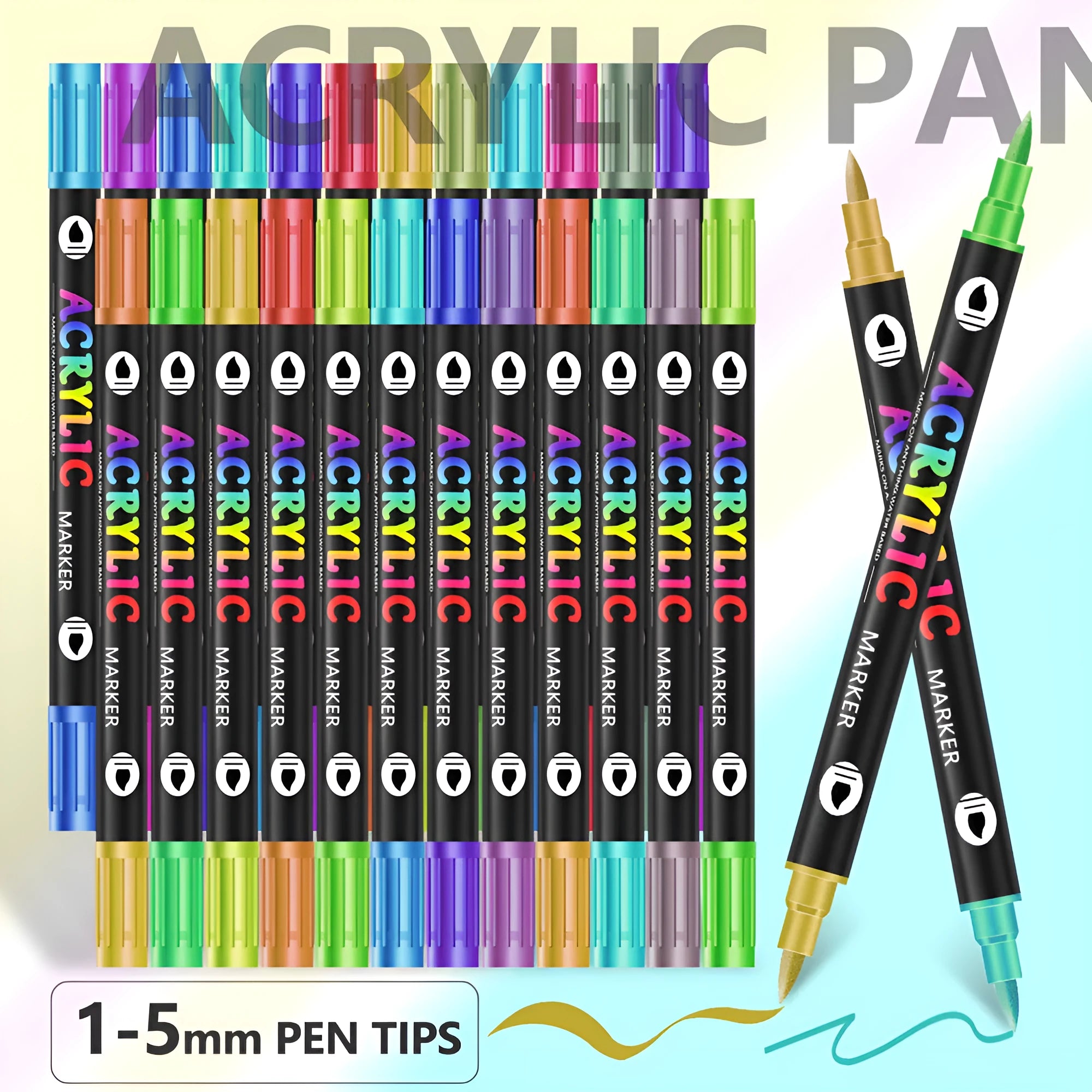 Double-headed acrylic marker pens in various colours showing both fine and broad tip options