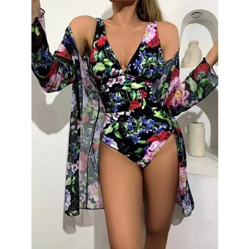 Women's floral patterned tight bikini three-piece suit with coat in seven colour options