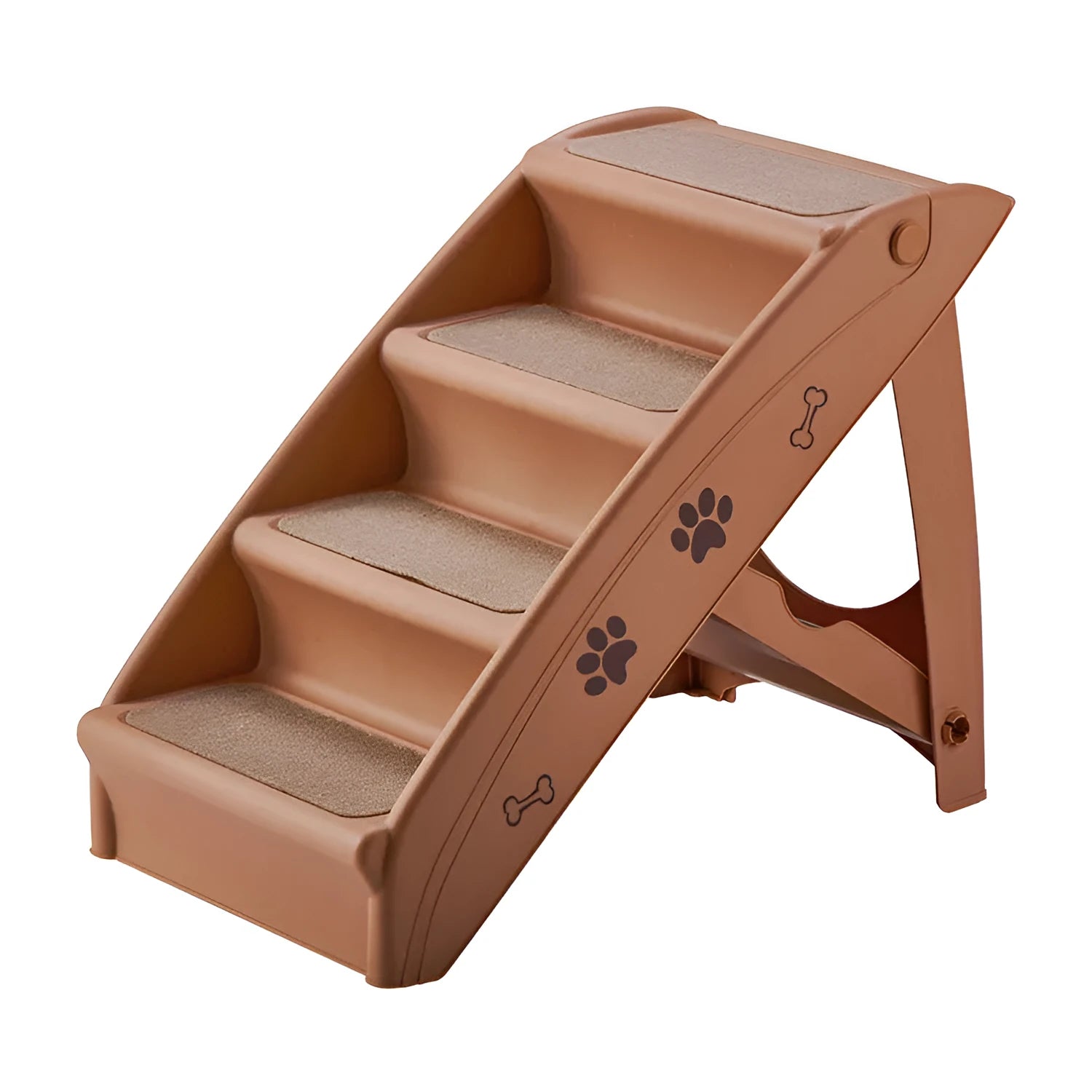 Foldable plastic pet stairs for small dogs on a carpet next to a sofa.