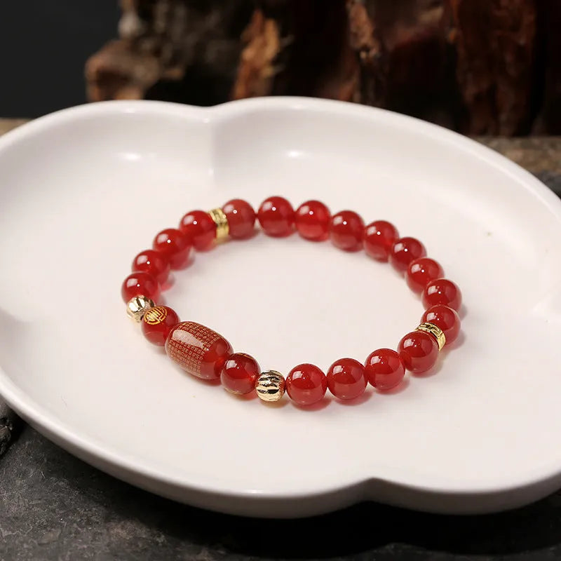 A red agate Guanyin bracelet with edge rosary design and auspicious patterns, unisex New Chinese style.
