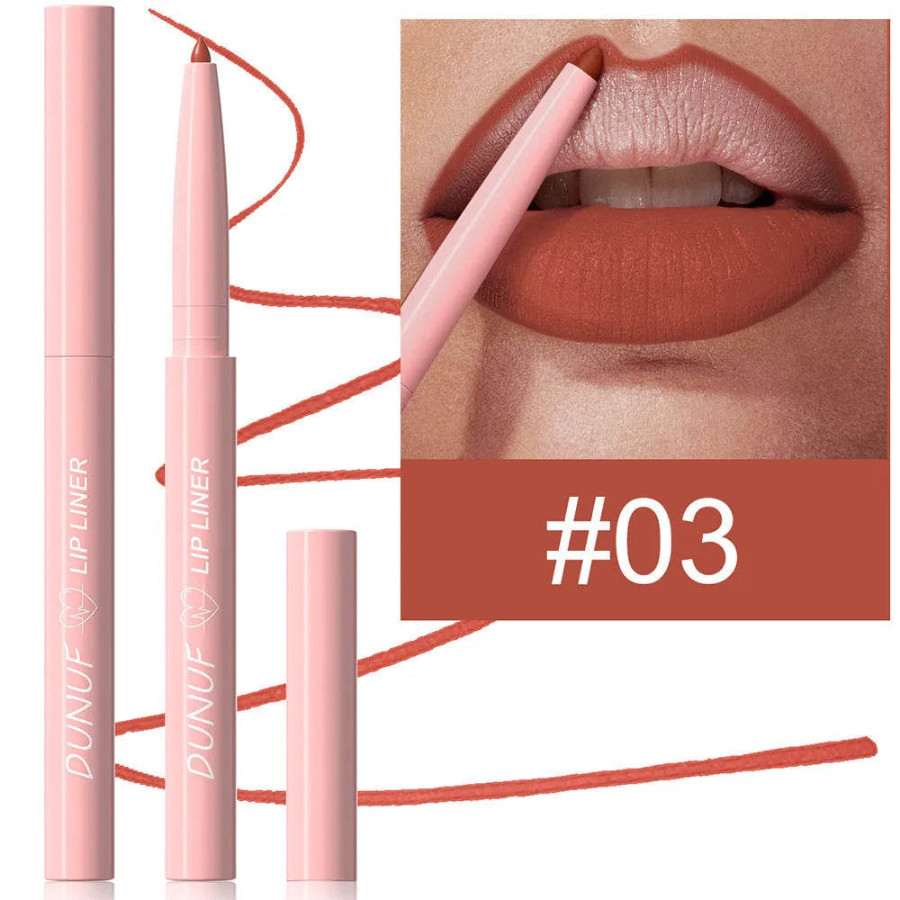 12 Colour Velvet Matte Lip Liner pencil showing range of nude, berry and brown shades.