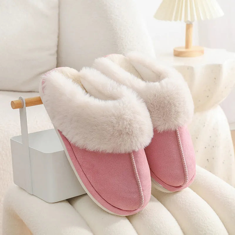 Brown women's plush indoor slippers with round toe, flat heel, and textured PVC anti-slip sole.