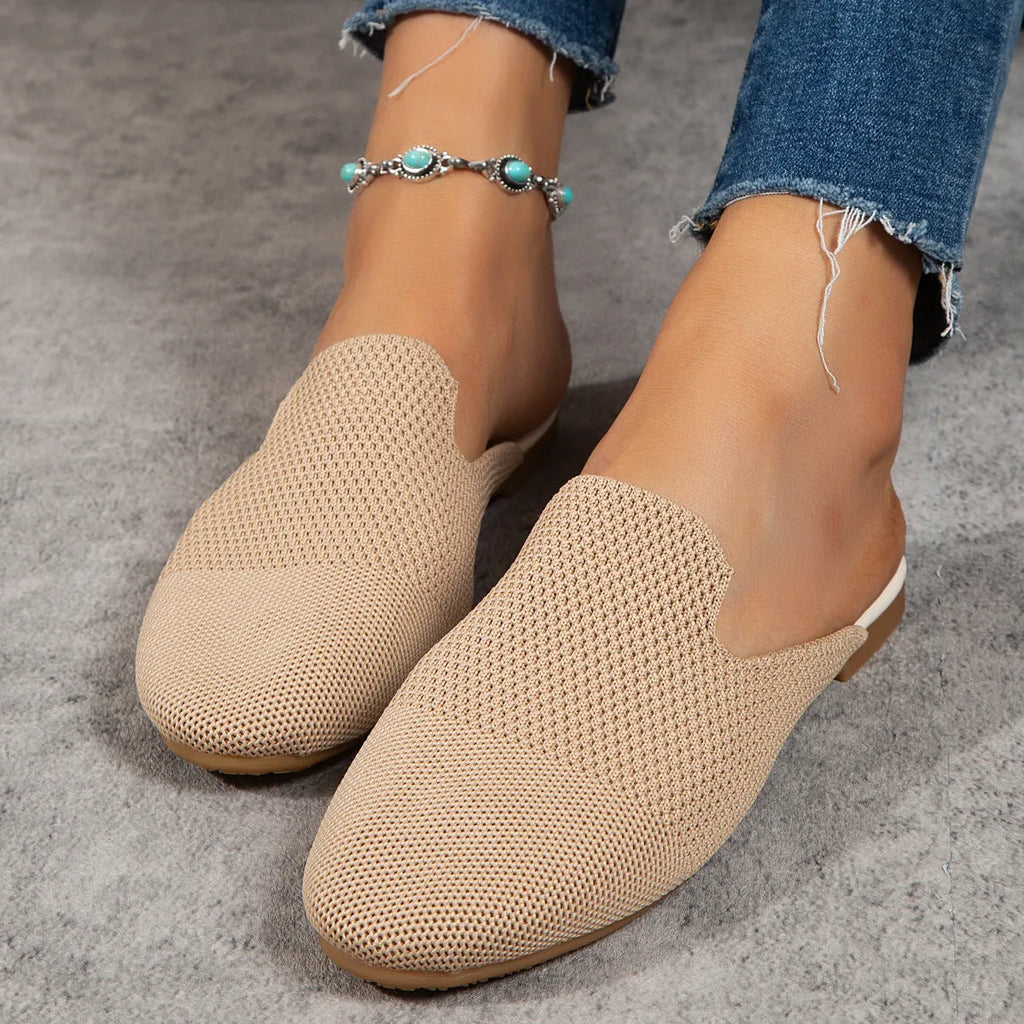 Casual cloth-covered mesh sandals in apricot, blue, or green candy colours with rubber soles.