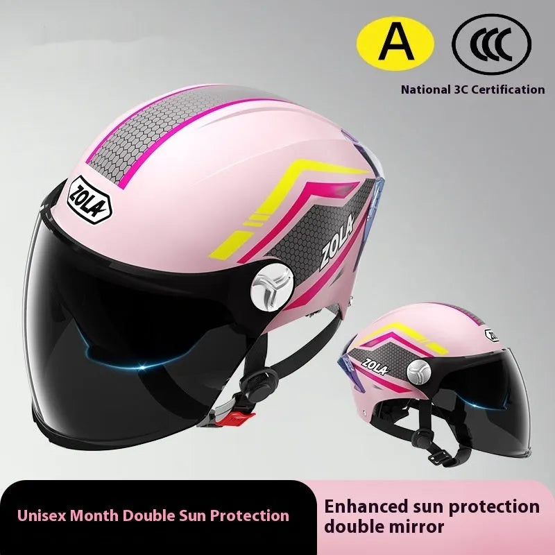 3C certified ABS motorcycle half helmet with a dual mirror sun visor shown in a light brown colour variant.