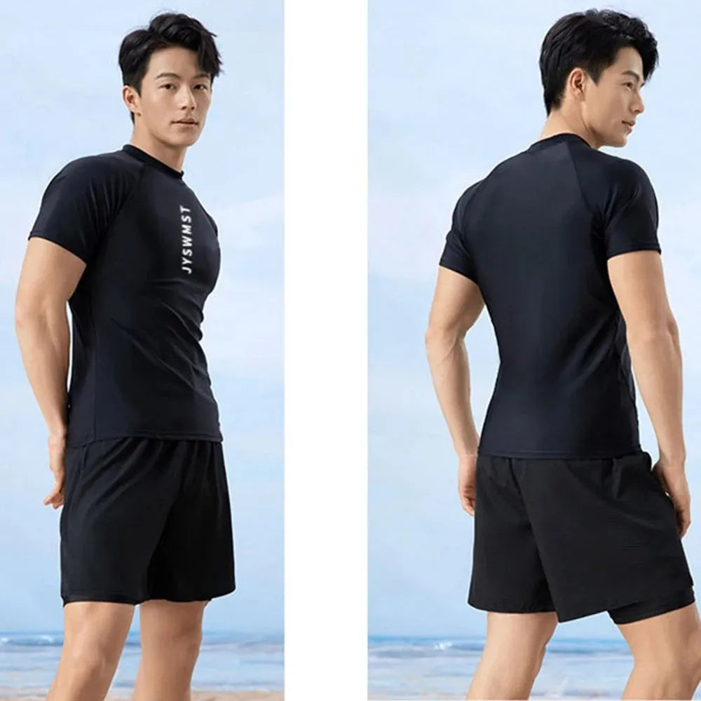 Men's plus size two-piece polyester swimwear set with patterned top and trunks in sizes M to 4XL