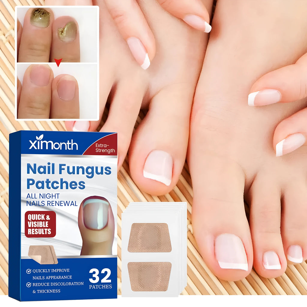 Box of 32 nail nursing adhesive bandage patches for nail repair, each patch 6.1cm by 3.5cm.