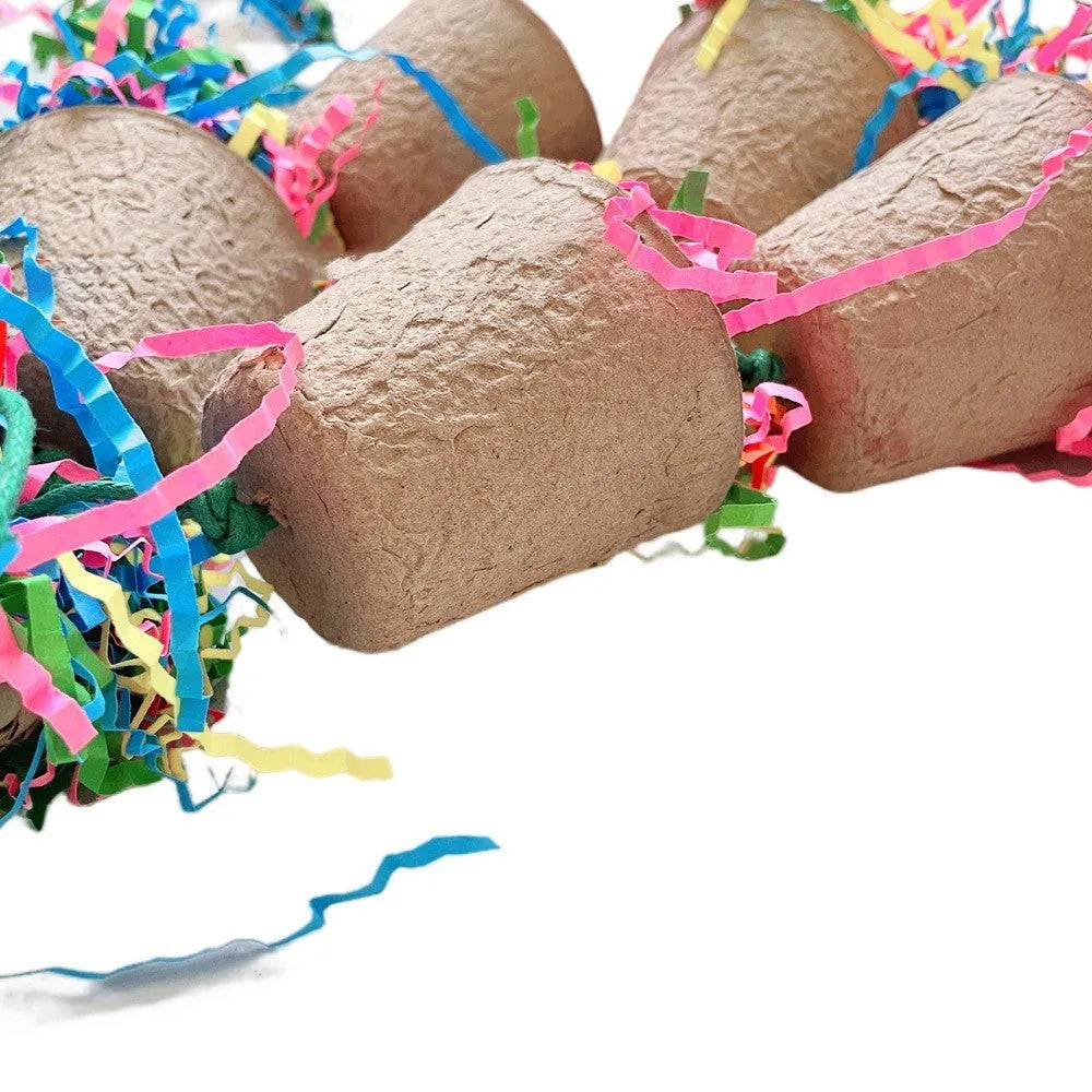 Parrot gnawing toy made from palm weaving with paper cup design and hanging rope