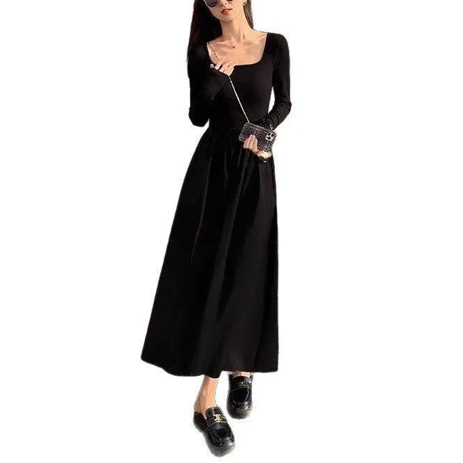 Square collar knitted A-line dress with elastic waist in black or grey colour options
