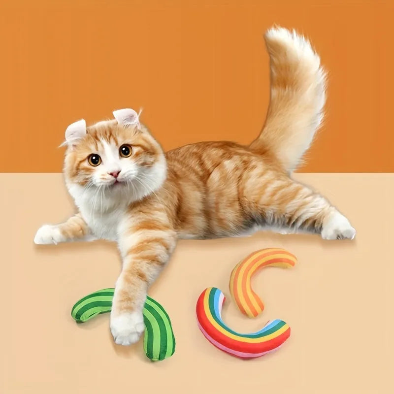 Striped pattern cat toy pillow with built-in noise maker and catnip strip measuring 23x20cm