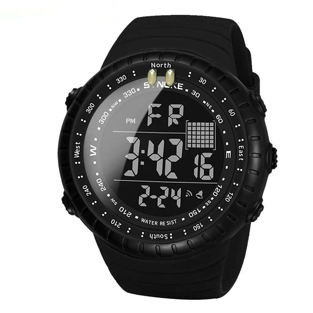 Black waterproof electronic outdoor watch with plastic case and PU strap showing 54.74mm dial