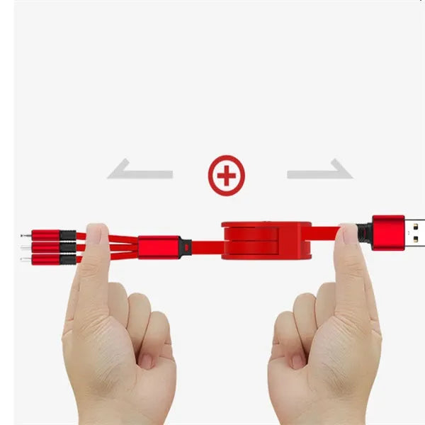 Telescopic charging cable extended to 120cm with 3-in-1 connectors in choice of colours