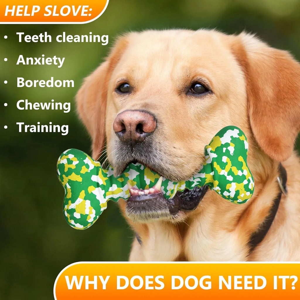 Natural rubber dog chew bone toy for large breeds in camouflage colours, shown in two sizes.