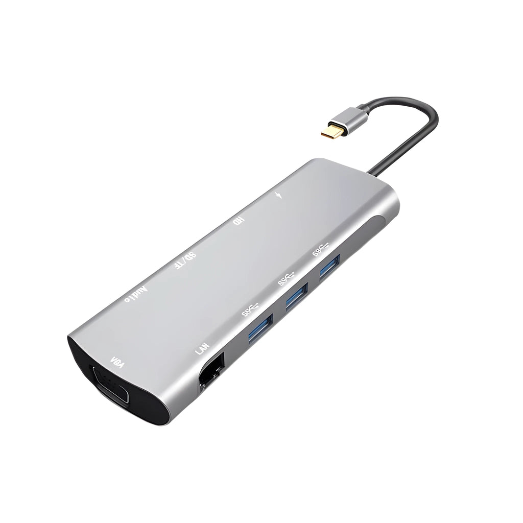 Grey USB-C docking station with HDMI, VGA, USB 3.0 ports and 140mm cable