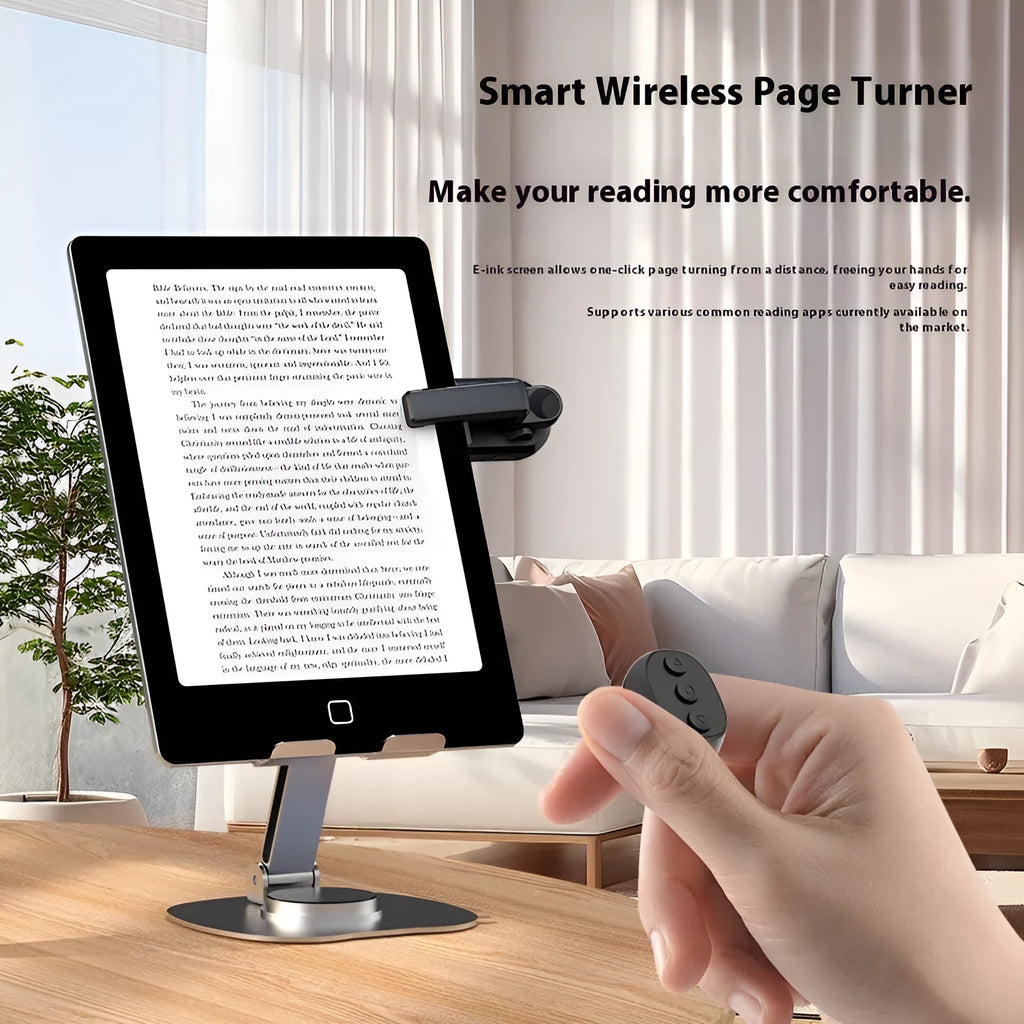 A black wireless remote and a foot pedal page turner clicker for tablets and e-readers