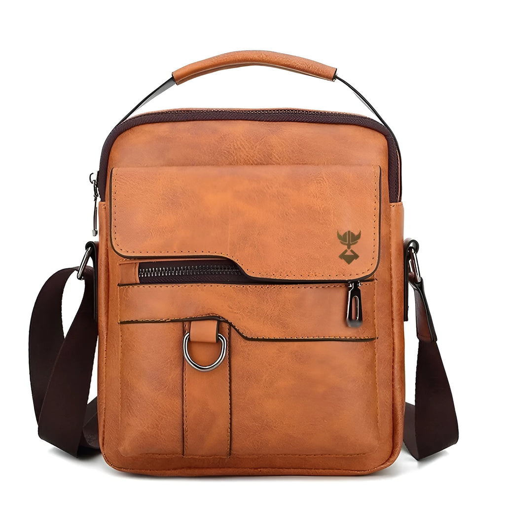 Khaki PU leather men's crossbody shoulder bag with a single strap and zipper opening.