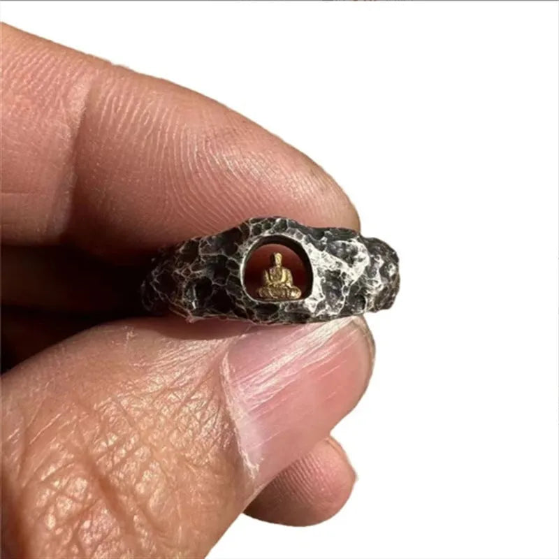 Hand-forged copper Buddha ring with grotto rock texture in size 8