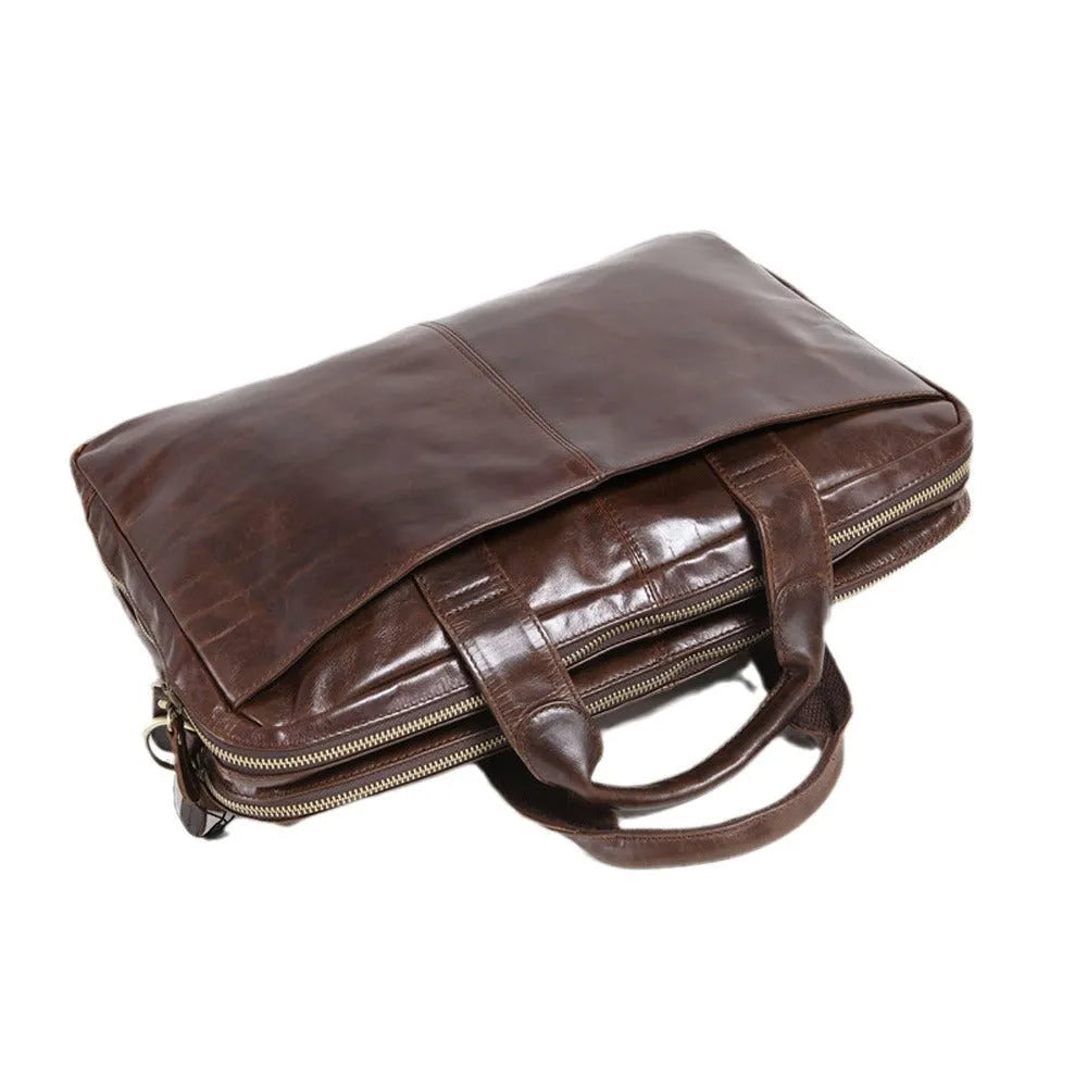 Brown men's business briefcase made from first layer cowhide leather with 18-inch laptop compartment