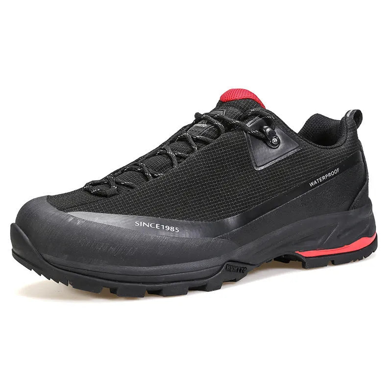 Men's low-top hiking boots in black with a leather mesh upper and rugged rubber outsole.