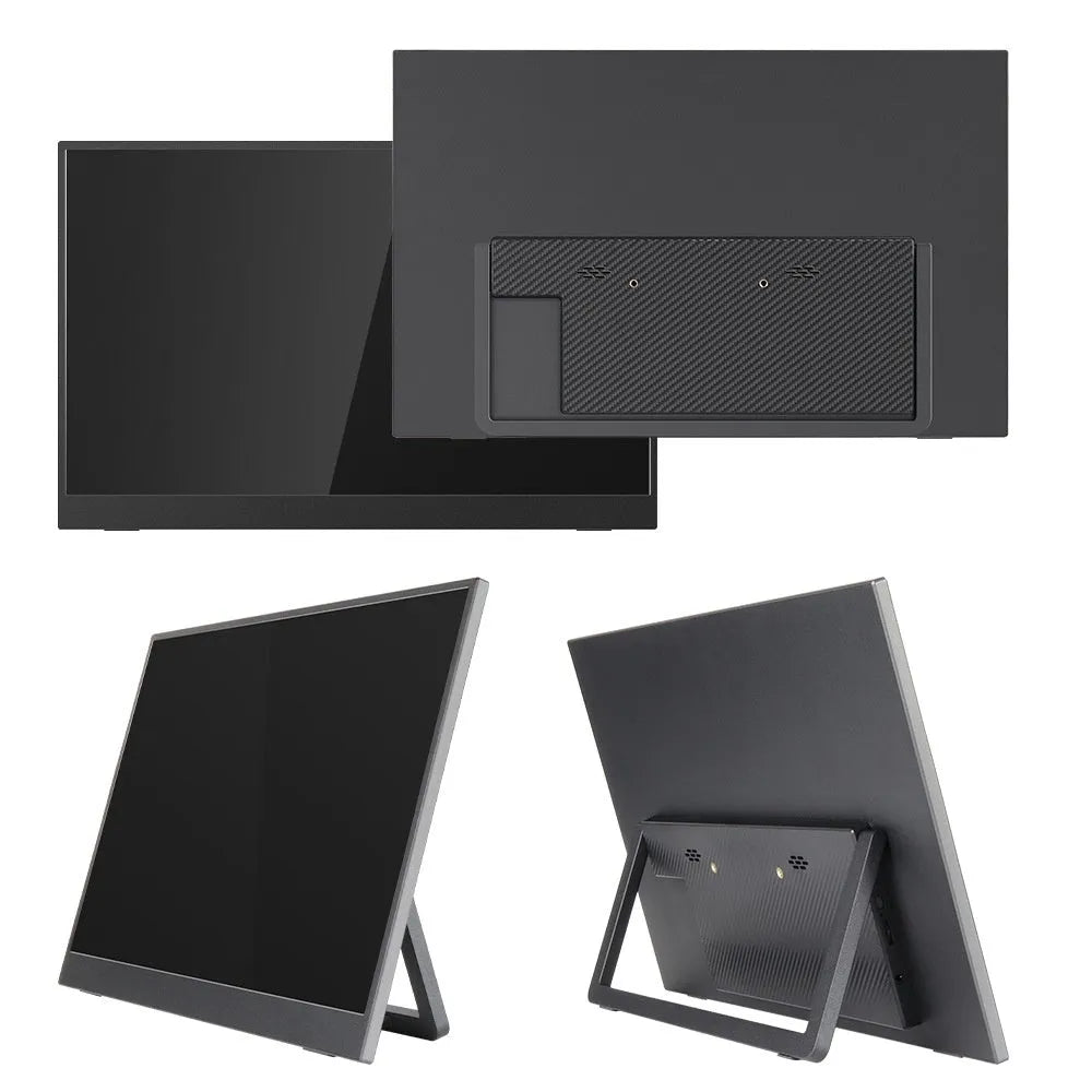 Black 15.6 inch portable computer monitor with adjustable stand on office desk