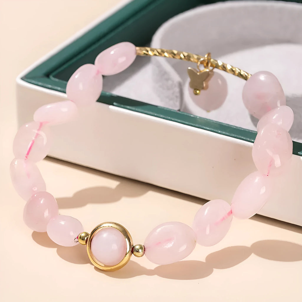Handmade girls bracelet with natural agate, crystal beads in four colours, and cute fruit and animal shapes.