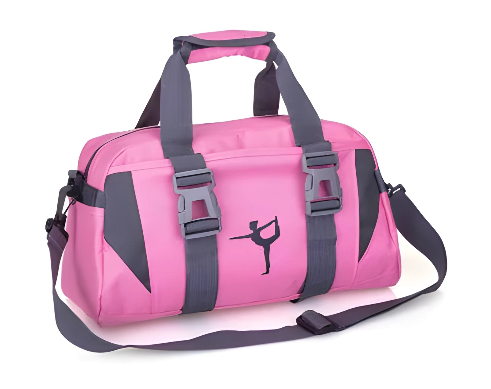 Nylon gym and yoga sports holdall in medium or large size, shown in various colours including black, blue, green, pink, and purple.
